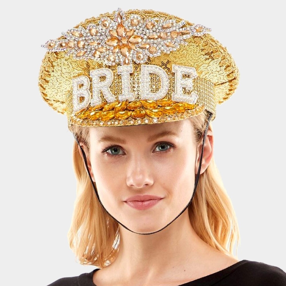 Gold & Pearl Bride Rhinestone Studded Captain Hat